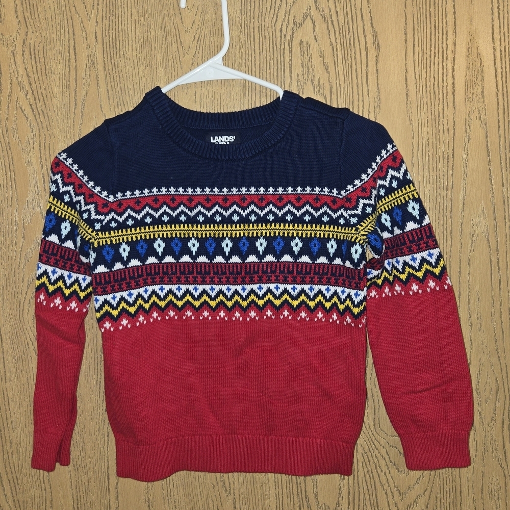 Lands' End Men's Festive Red and Navy Sweater